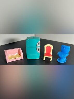 Dollhouse Teal Mini Fridge with Pink Toy Chest, Red Chair & Blue Toilet Toy Set